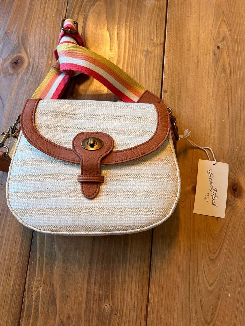 Universal Thread Striped Straw Crossbody Bag with Colorful Strap NWT